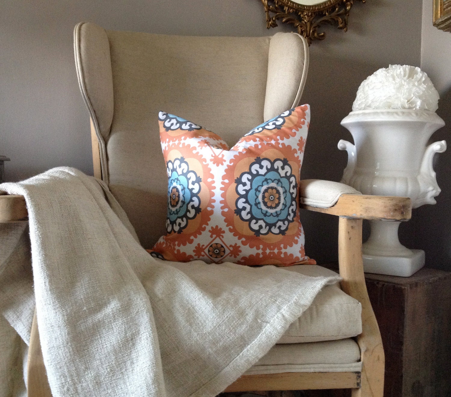 Blue and Orange Medallion Ikat Pillow Cover - 18'' Envelope Style