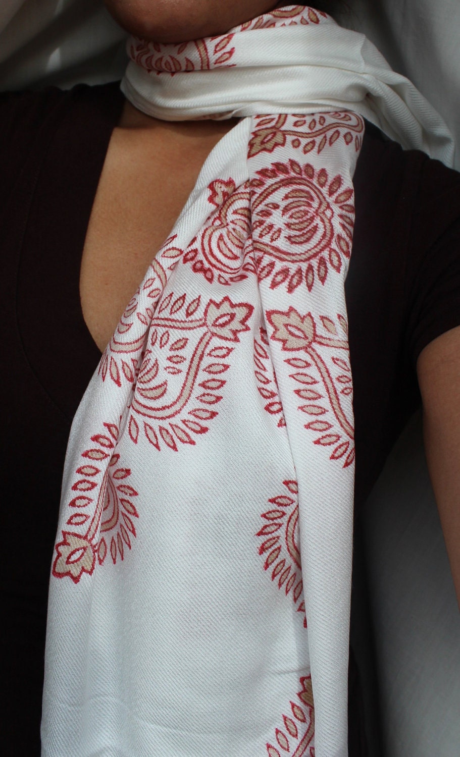 Hand Painted Shawl / scarf - Red and White