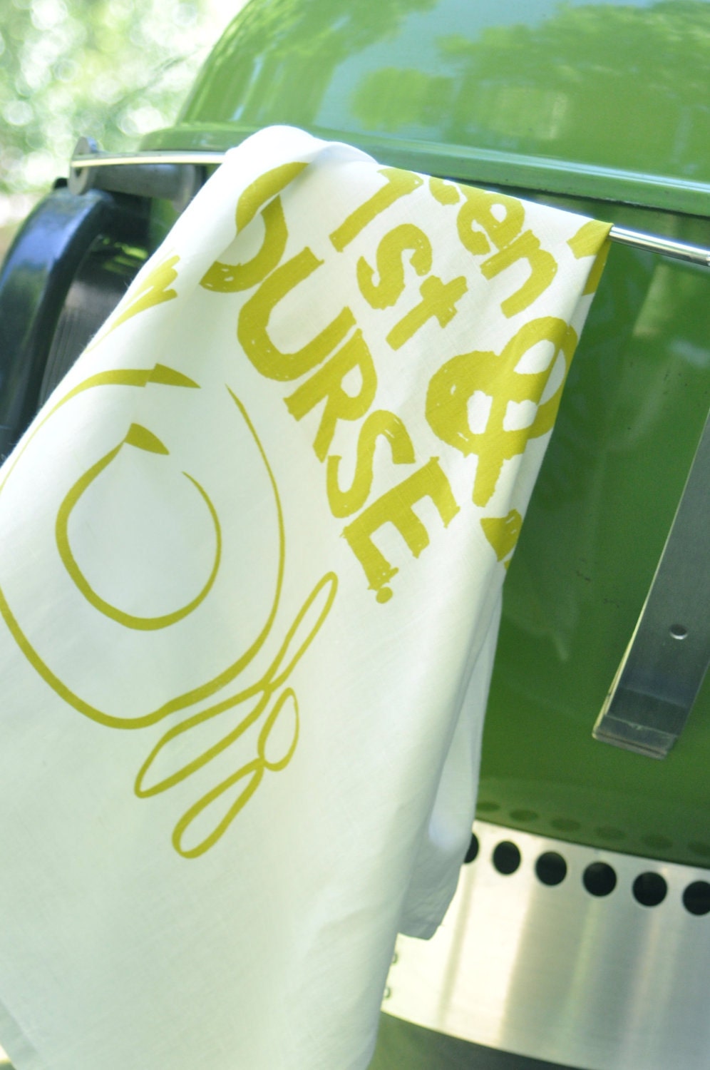 SALE. Cotton/Linen Tea Towel, Hand Printed 'My Happy Place...' in Citrus