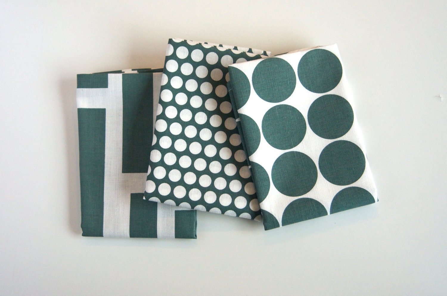 Set of Three Tea Towels, Hand Printed Dot, Bitty Dot and Stacks in Slate