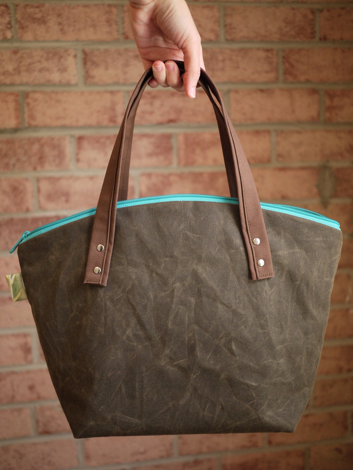 Waxed Canvas Zipper Tote in Dark Oak- Small Vegan Day Bag