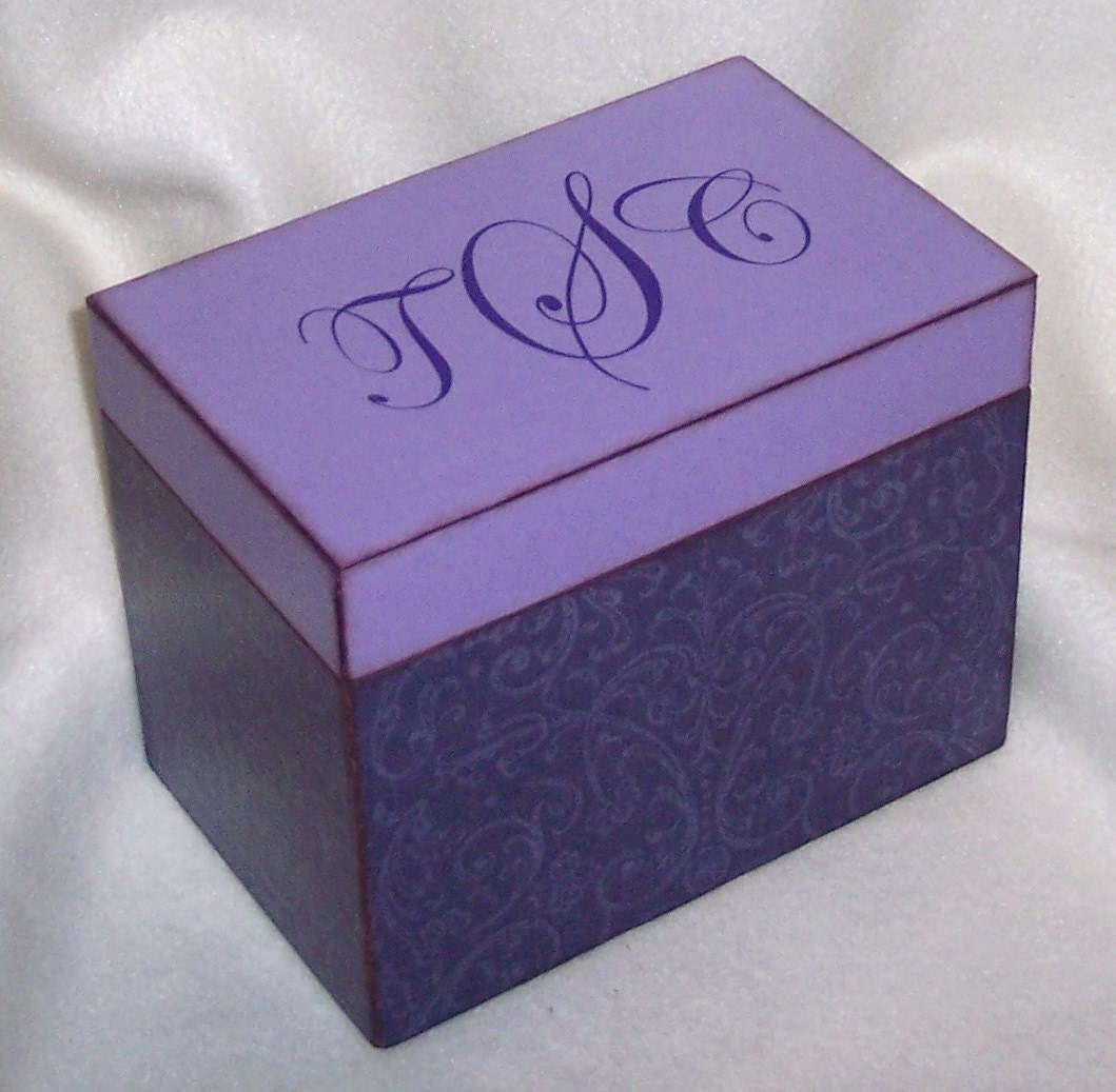 Recipe Box -  Wooden Purple  Damask.... Monogrammed....for 4x6 recipe cards...MADE TO ORDER