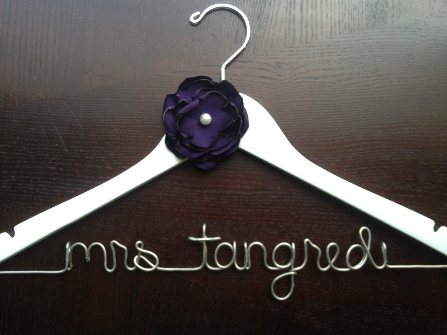 Custom Wedding Hanger - White with Handmade Eggplant Flower