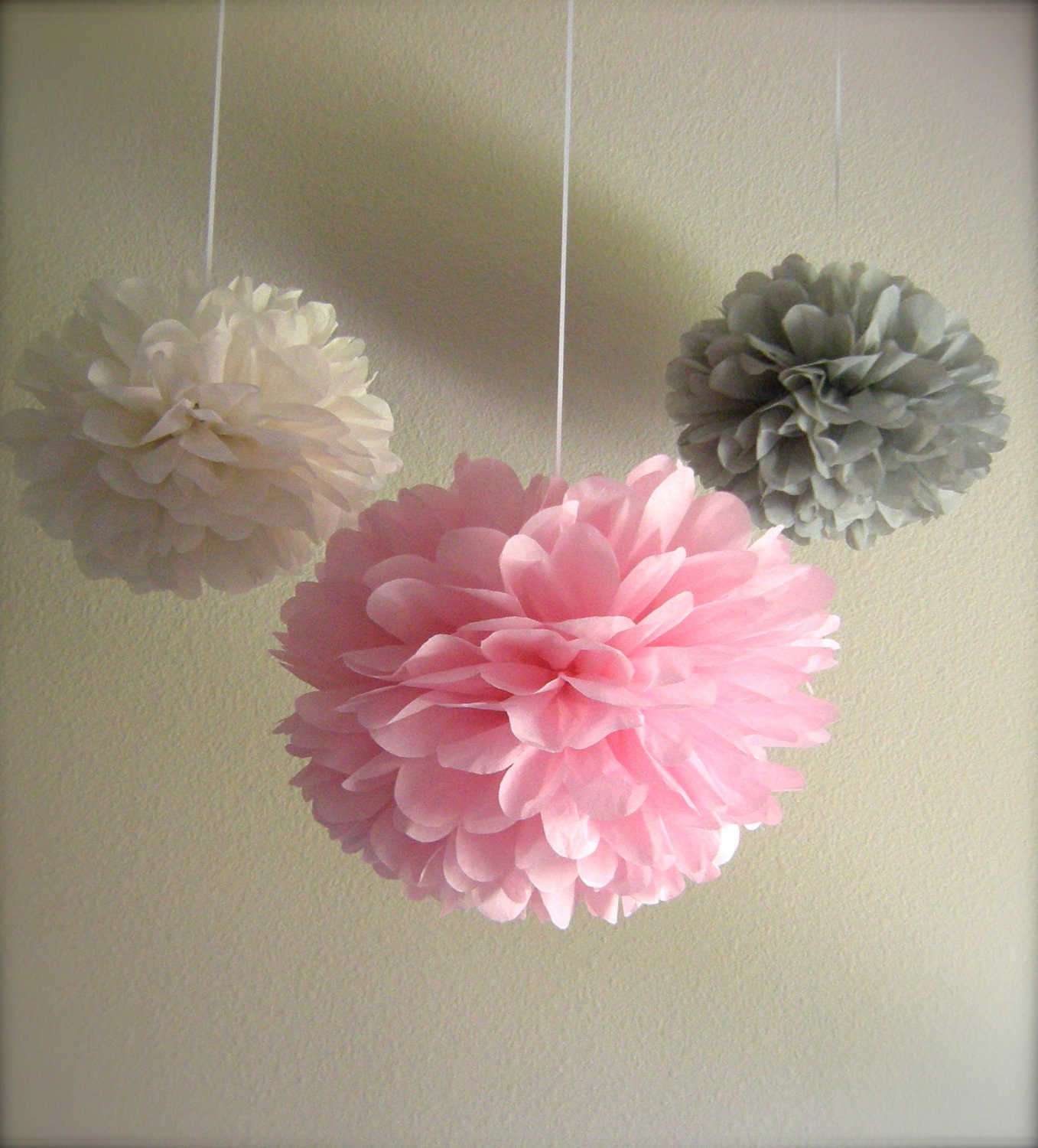 7 Pom Poms - Vintage Pink & Grey Tissue Paper Pom-Poms - More Colors Available