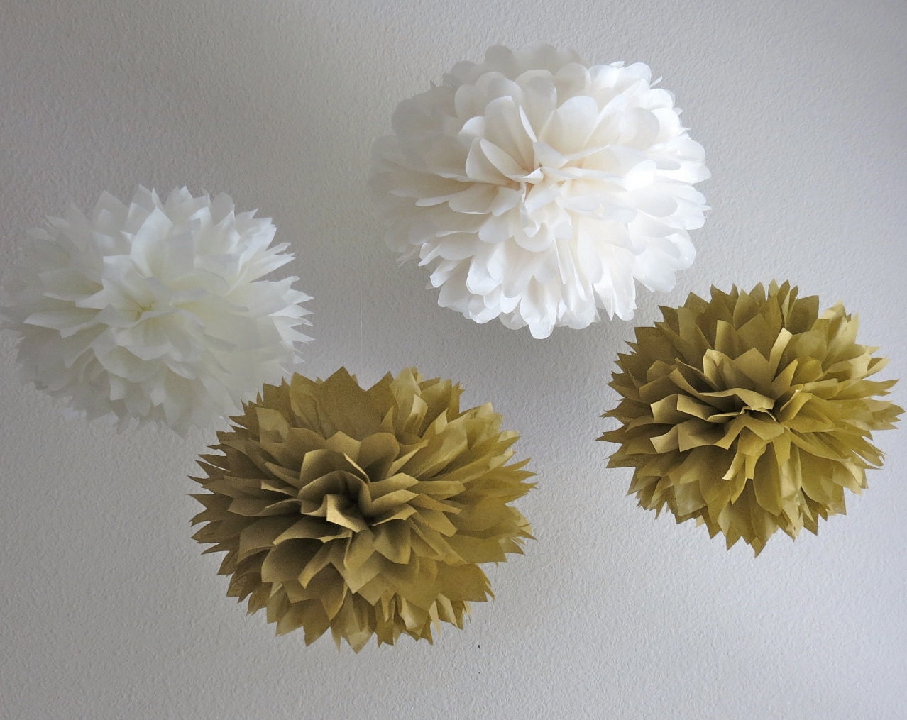 5 Pom Poms - Matte Gold & Creme Paper Pom-Poms - More Colors Available - Weddings, Decorations, Birthday, Photo Prop, Paper Flowers