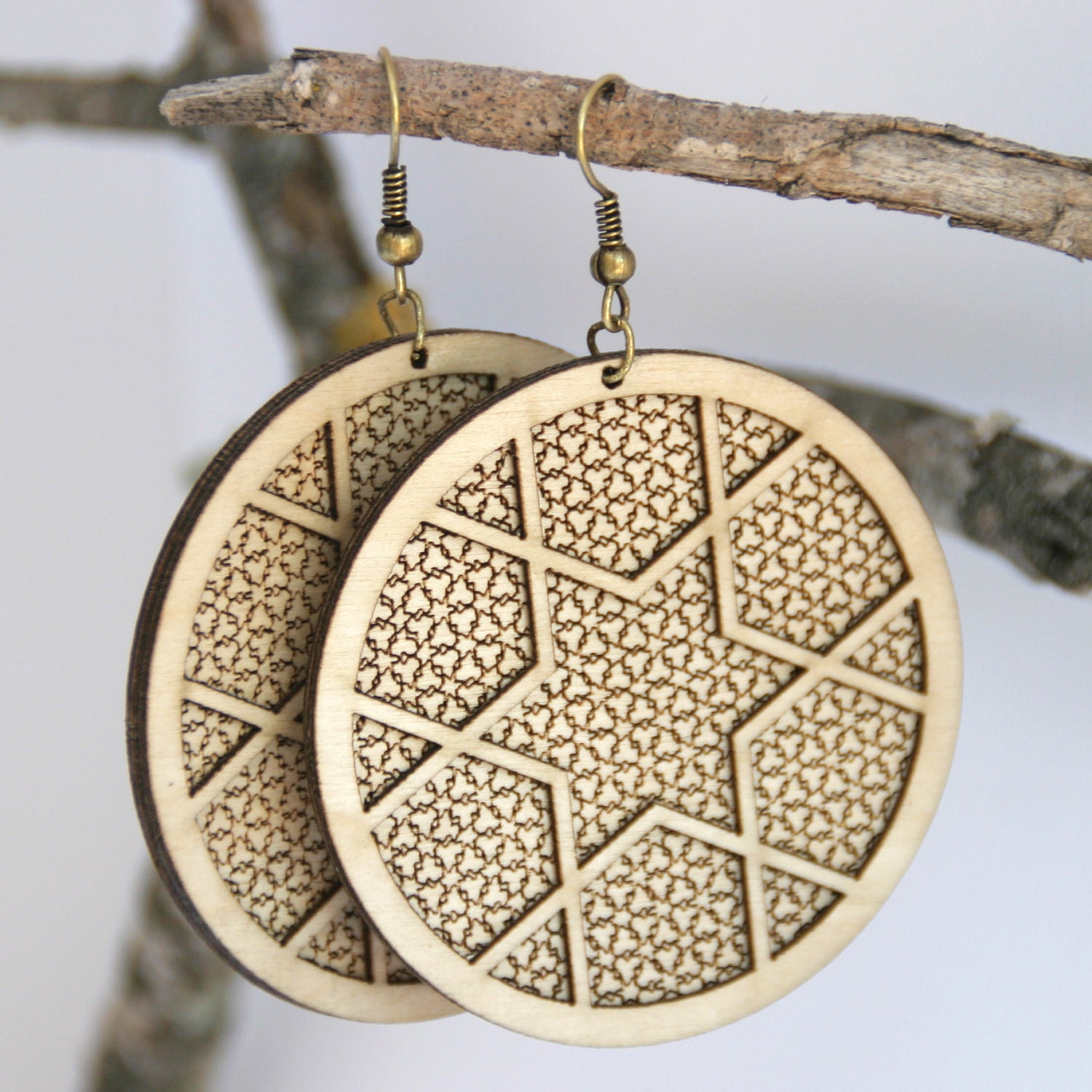 Geometric Star Pattern Natural Wood Earrings 2 inch diameter (0004)