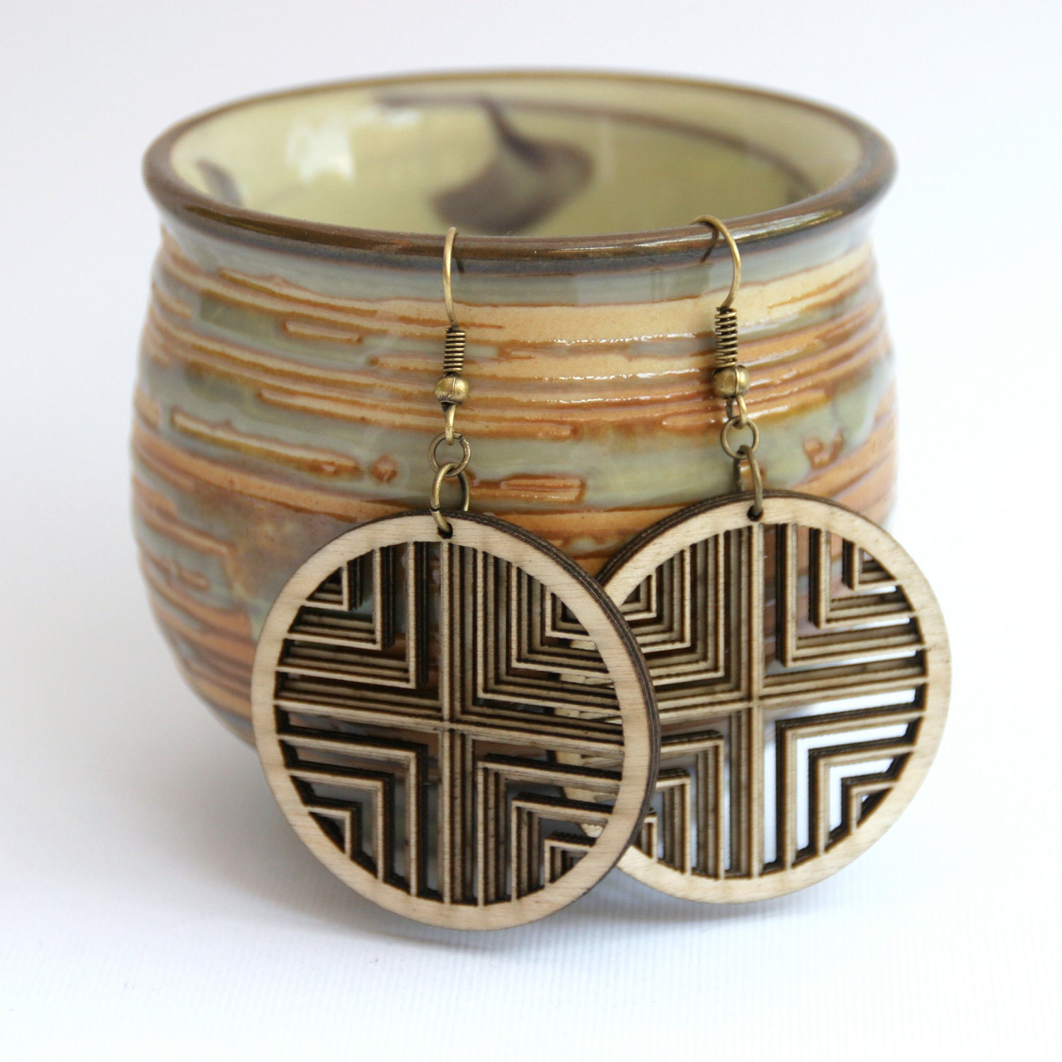 Geometric Cross Layered Wood Pendant Earrings (0007)