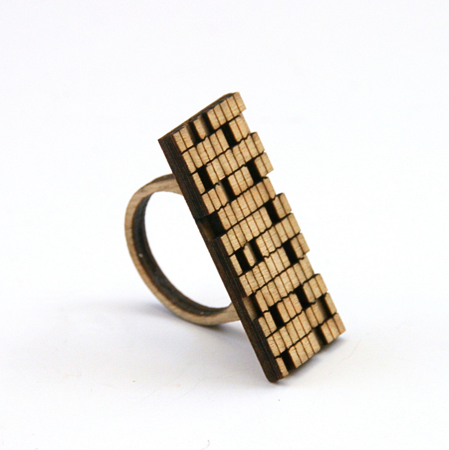 Natural Wood Ring: Rectangular Geometric Design Made to Order in Any Size (0016)