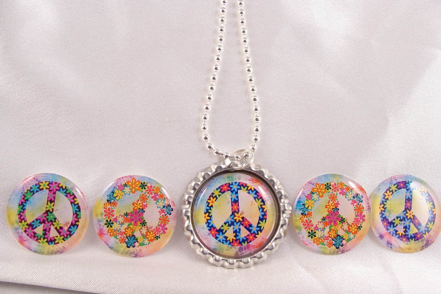 PARTY FAVOR   Bottle Cap NECKLACE Peace Sign Flower Tie Dye  with Individual Organza Bags and Silver Ball Chain