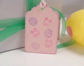 EASTER Egg BUNNY TAG Handmade Handstamped  Pastel 2 inch set of 12 with Pink Purple and White Baker's Twine