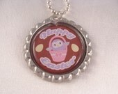 Easter Owl BUNNY BOTTLECAP Bottle Cap NECKLACE  Party Favor with Individual Organza Bags and Silver Ball Chain