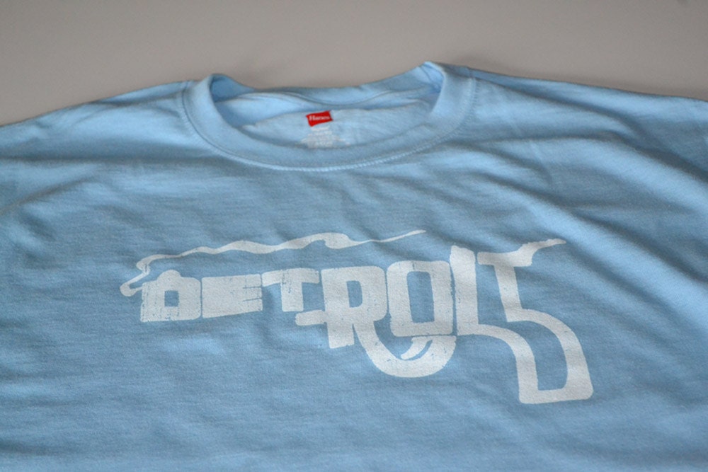 Detroit T shirt smoking gun city women men youth ladies kids geek shirt geeky tee light blue michigan city shirt funny gift guys