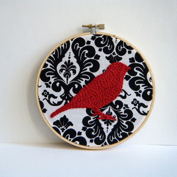 Red Bird, Hand Embroidery, Colorful Embroidery on Damask black and white Fabric