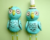 Turquoise and Apple Green Owls wedding cake topper