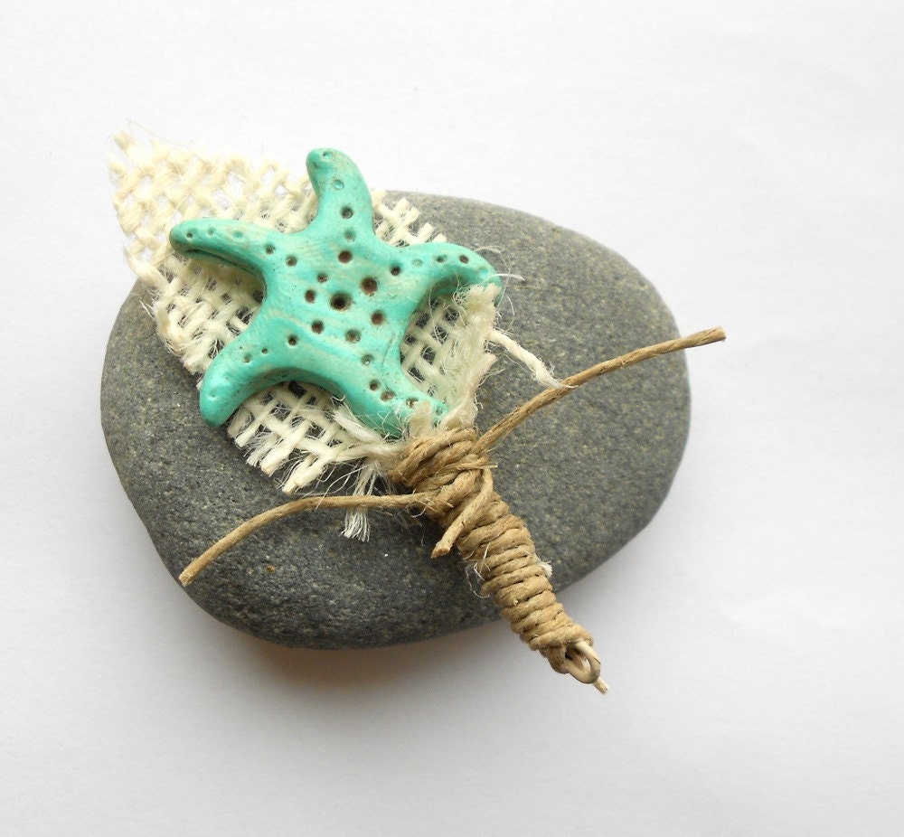 Rustic Groom or Groomsmen Boutonniere with Turquoise Starfish and Burlap Leaf