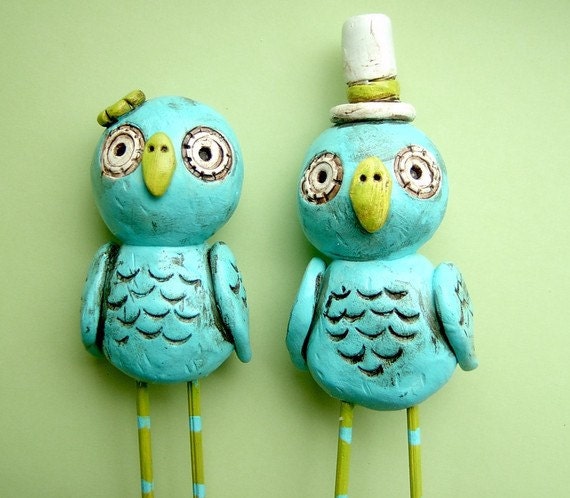 Turquoise and Apple Green Owls wedding cake topper