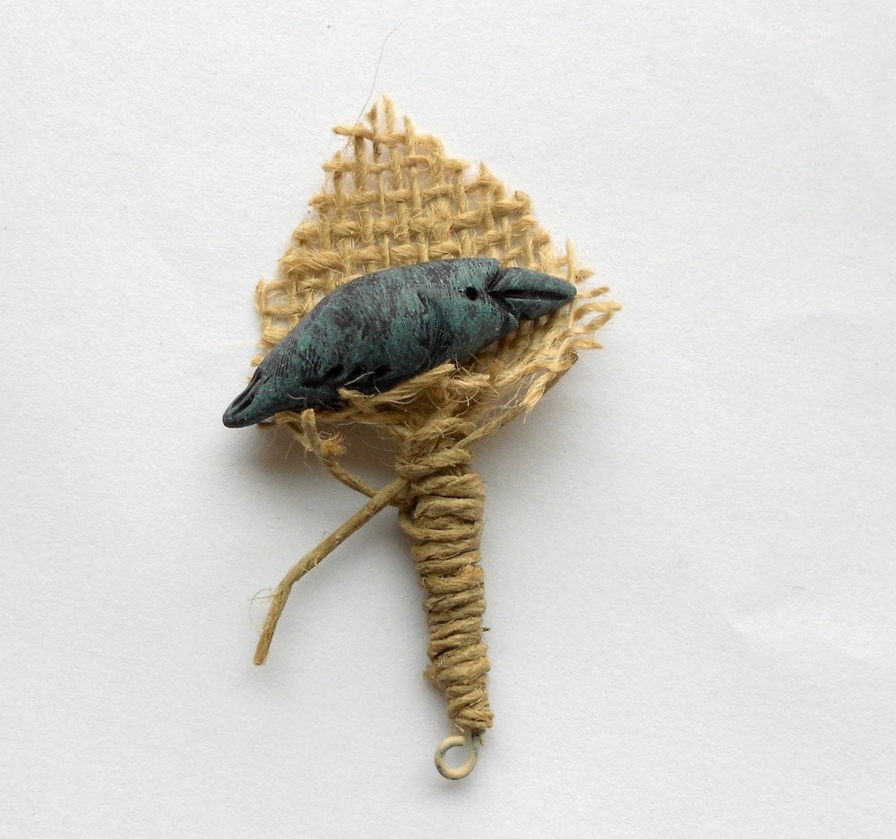 Rustic Groom or Groomsmen Boutonniere with Black Crow and Burlap Leaf