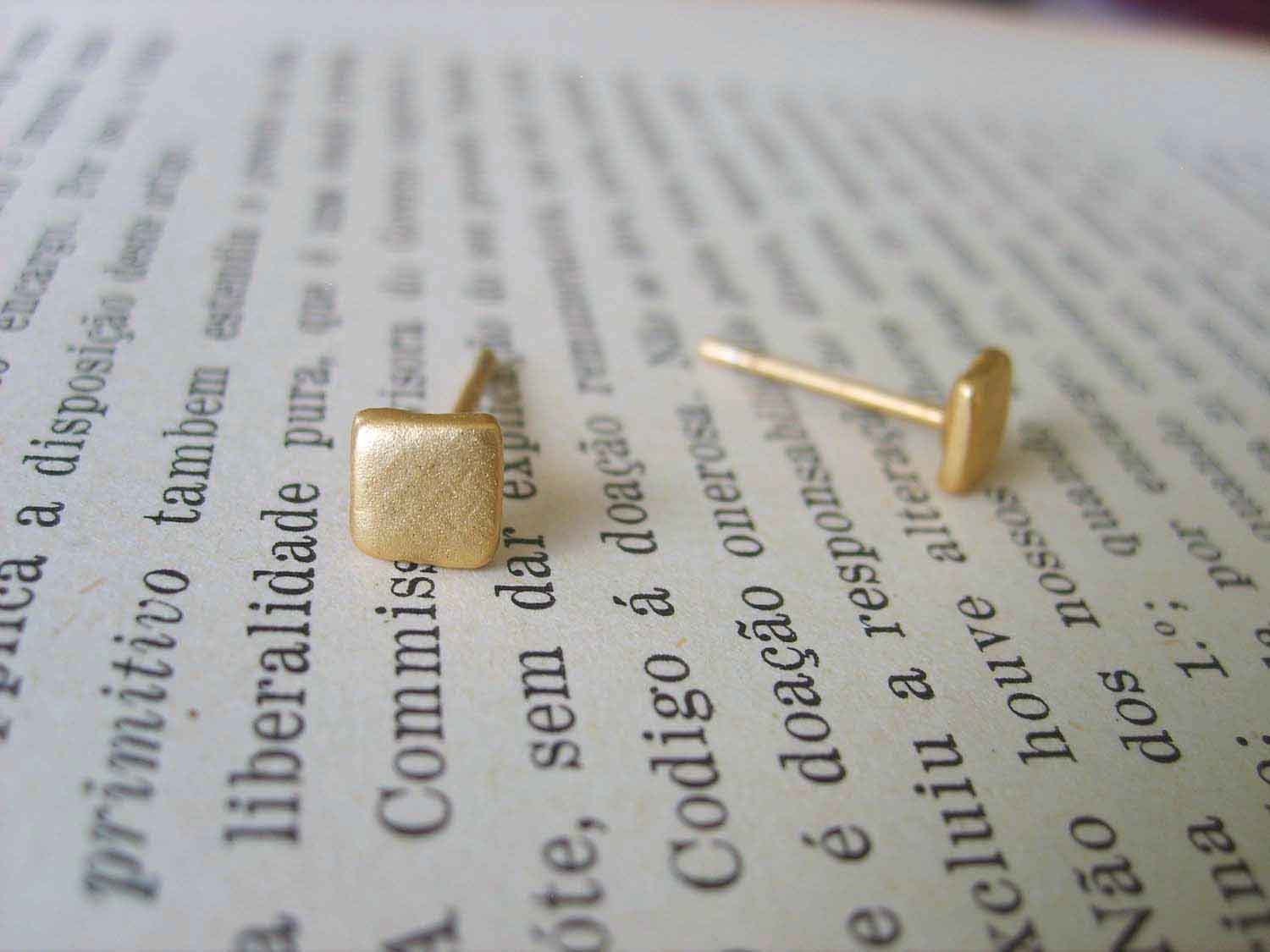 Lovely little Square gold studs earrings, handmade (gold plated 24K), gold stud earrings