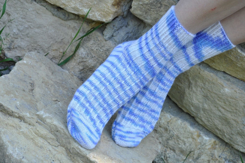 Hand knitted womens fishnet Socks  wool Lines white blue sea