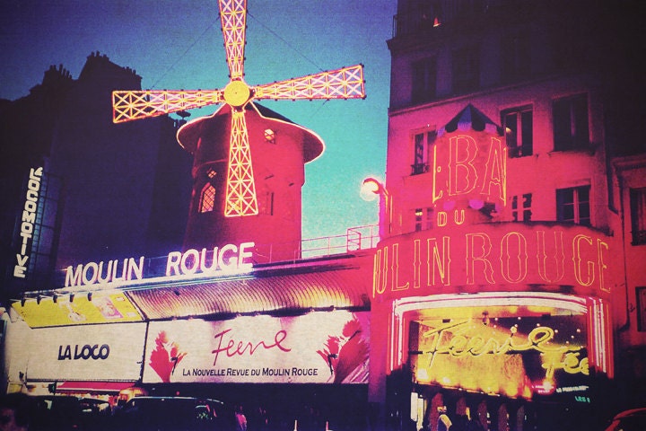 Travel photography Moulin Rouge Paris night lights red gold blue dusk France street photography cityscape 8x10 fine art photo - TravelingGalPhotos