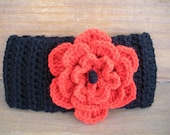 Womens Crochet Headband Winter Fashion Accessories Headwrap in Black with Red Crochet flower