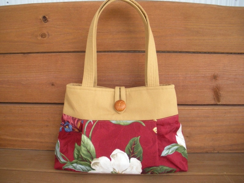 Fabric Handbag Purse Spring Fashion Pleated Bag Reversible in Dark Red with White flower/ Ready to ship