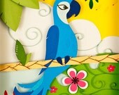 Sweet Tweets, 8 x 10. Print of hand cut paper sculpture, inspired by the Blue Macaw Parrot. Cut from cardstock and paper collected in Japan.