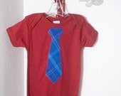 The Owen - Red 12M romper with blue/fuchsia plaid tie