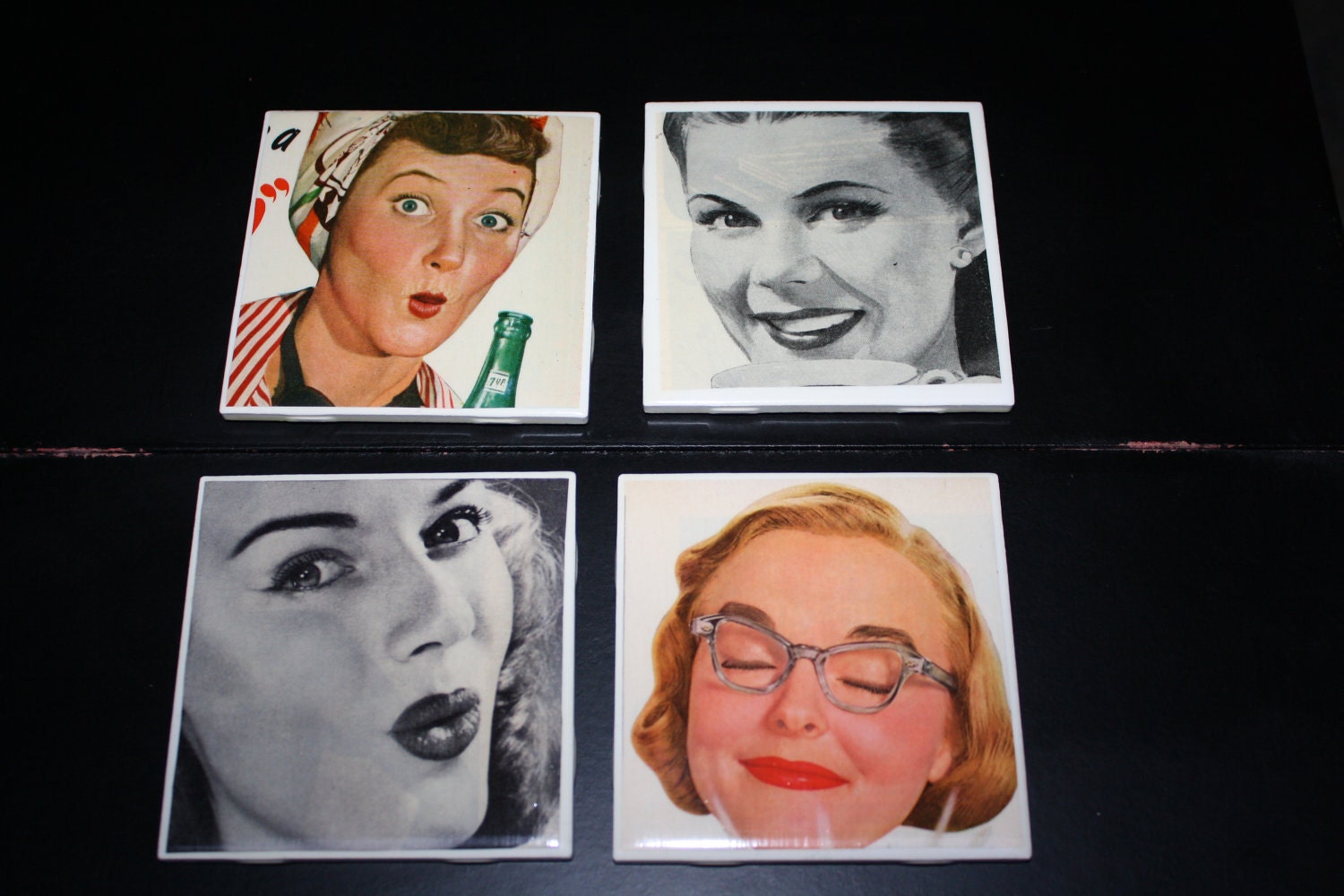 Tile Coasters - Funny Female Faces from the 1940s