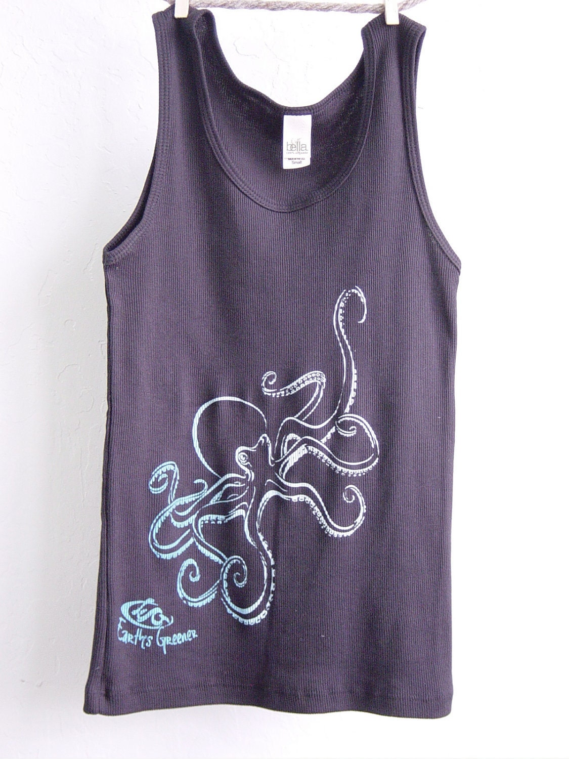 OCTOPUS - Womens Organic Cotton Tank Top -  White fade to blue on Black -  Bella Made in USA - Eco Friendly SMALL
