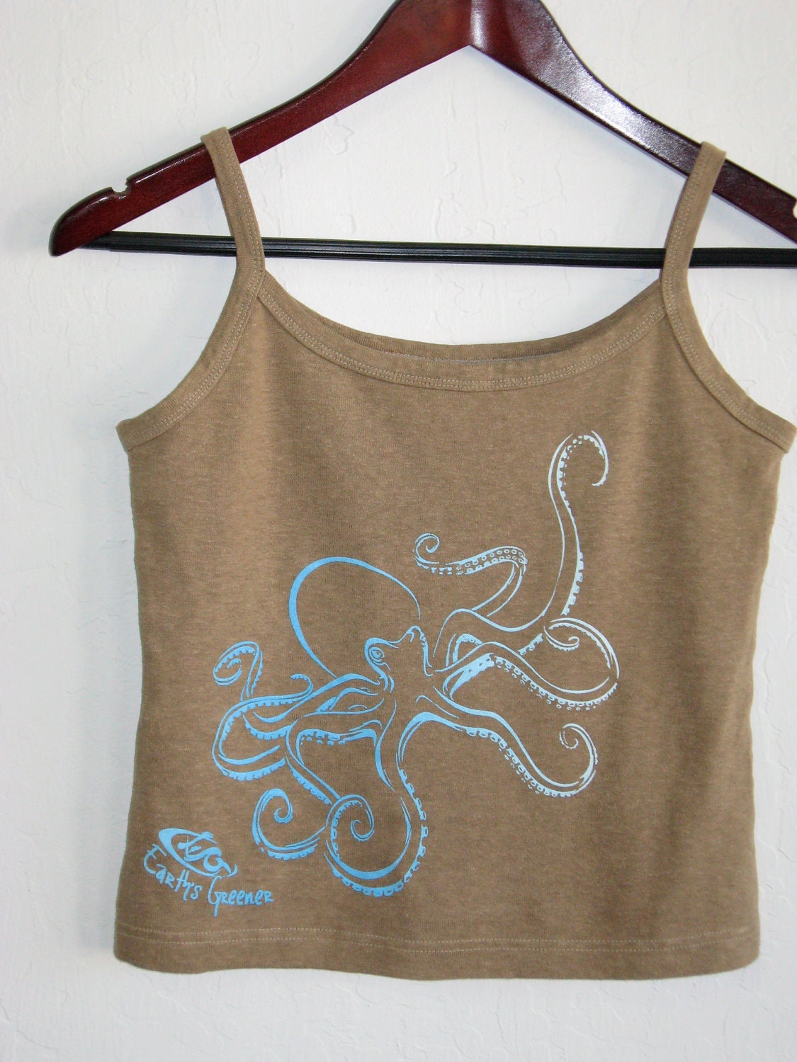 OCTOPUS - Womens Hemp / Organic Cotton Eco Friendly Tank Top Clothing Blue /White on Carmel Color Tank Womens SMALL