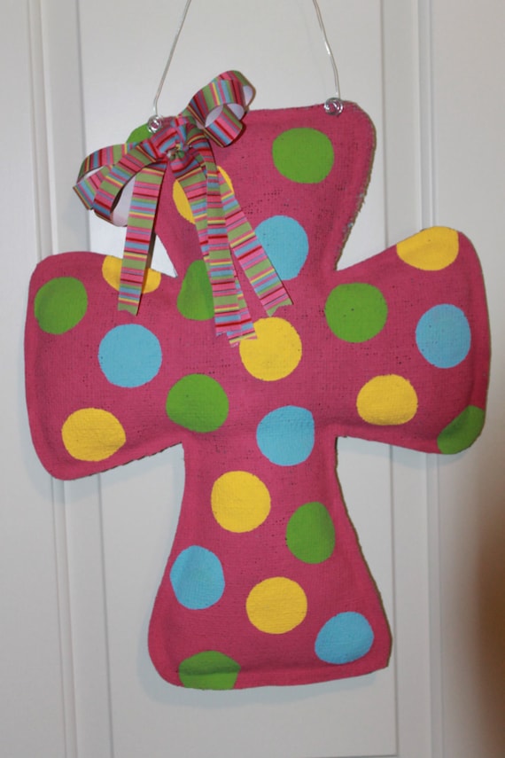 Fuschia Burlap Cross Door Hanger with Blue, Green, Yellow Polka Dots