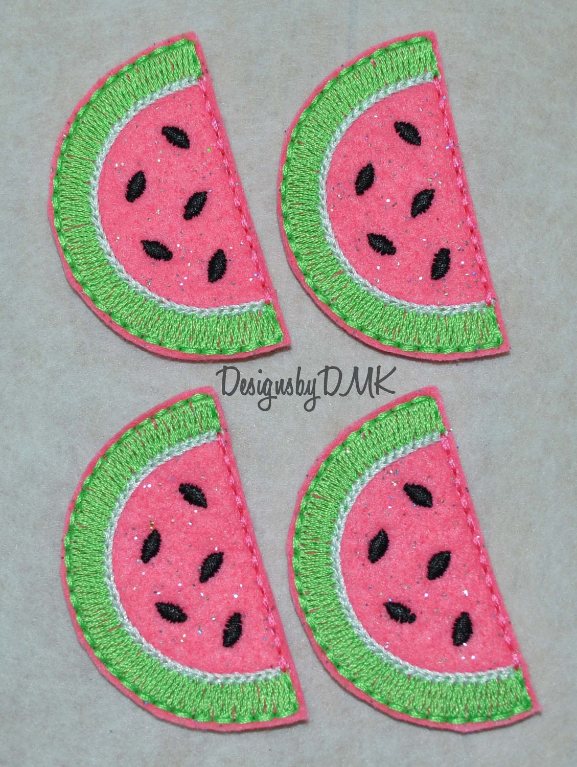 Sweet Watermelon on Hot Pink Felt Embroidered Embellishment Clippie Cover SET of 4