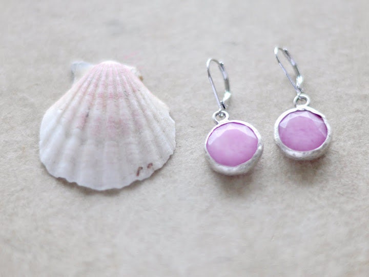 bridal Simple, elegant ,bold feminine round orange light pink jade stone earrings textured matte silver frame gemstone earrings Israel