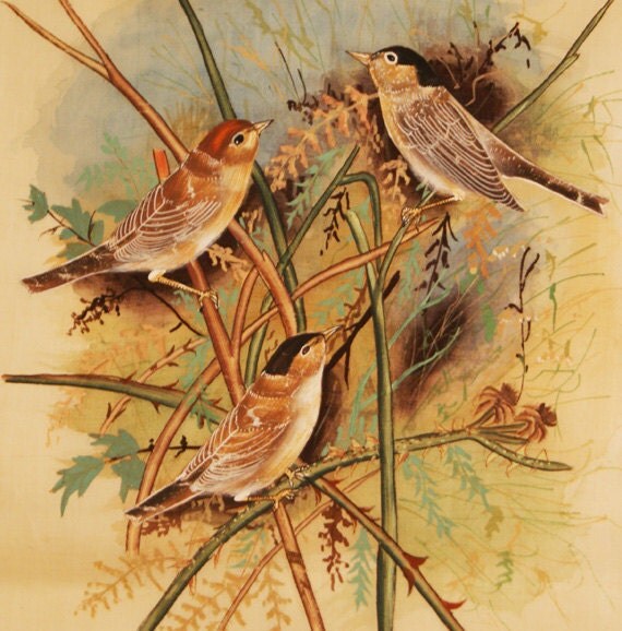 Vintage Silk Painting - Birds on Branches - Hand Painted Original - Very Fine Detail