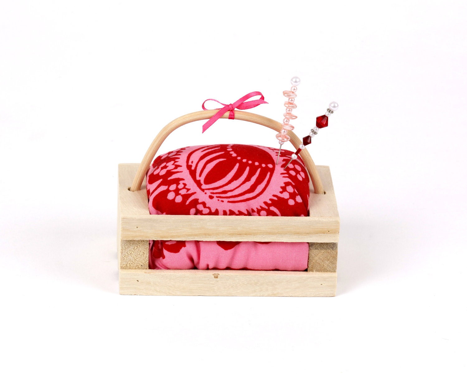 Pincushion, Hawaiian, Wood Crate, Red & Pink, Pearls, Beads, Pin Cushion