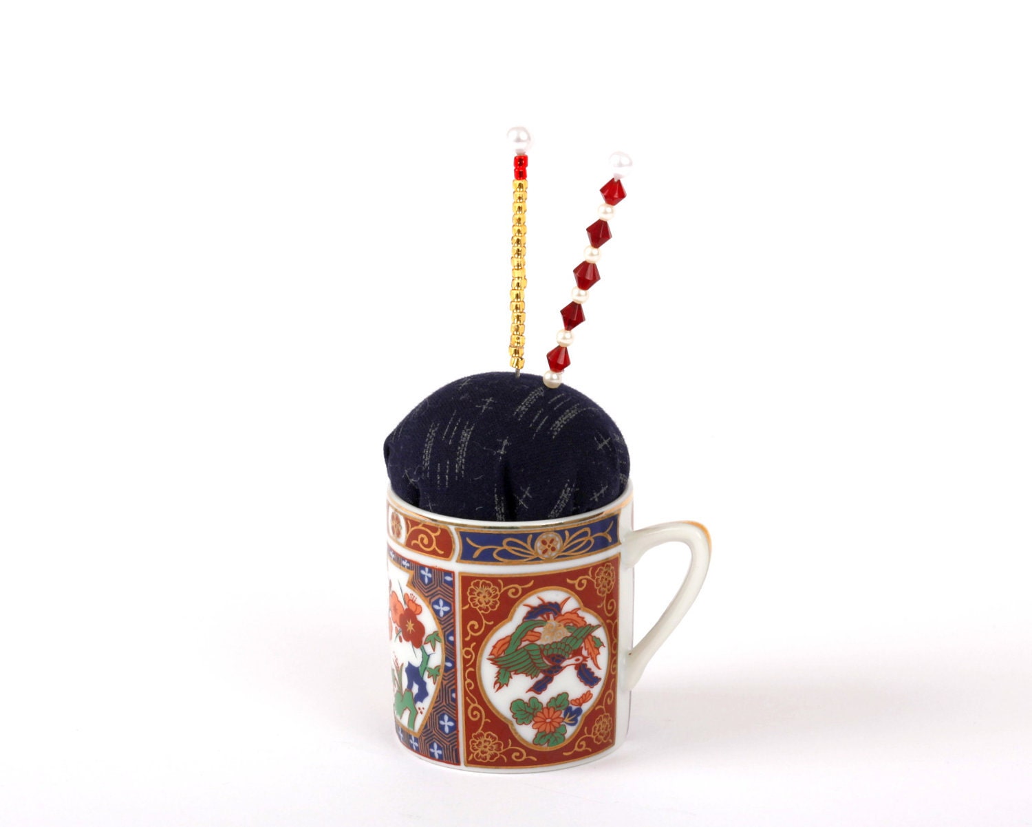 Pincushion, Japanese Cup, Swarovski Crystals, Sewing Accessory, Sewing Gift, Pin Cushion