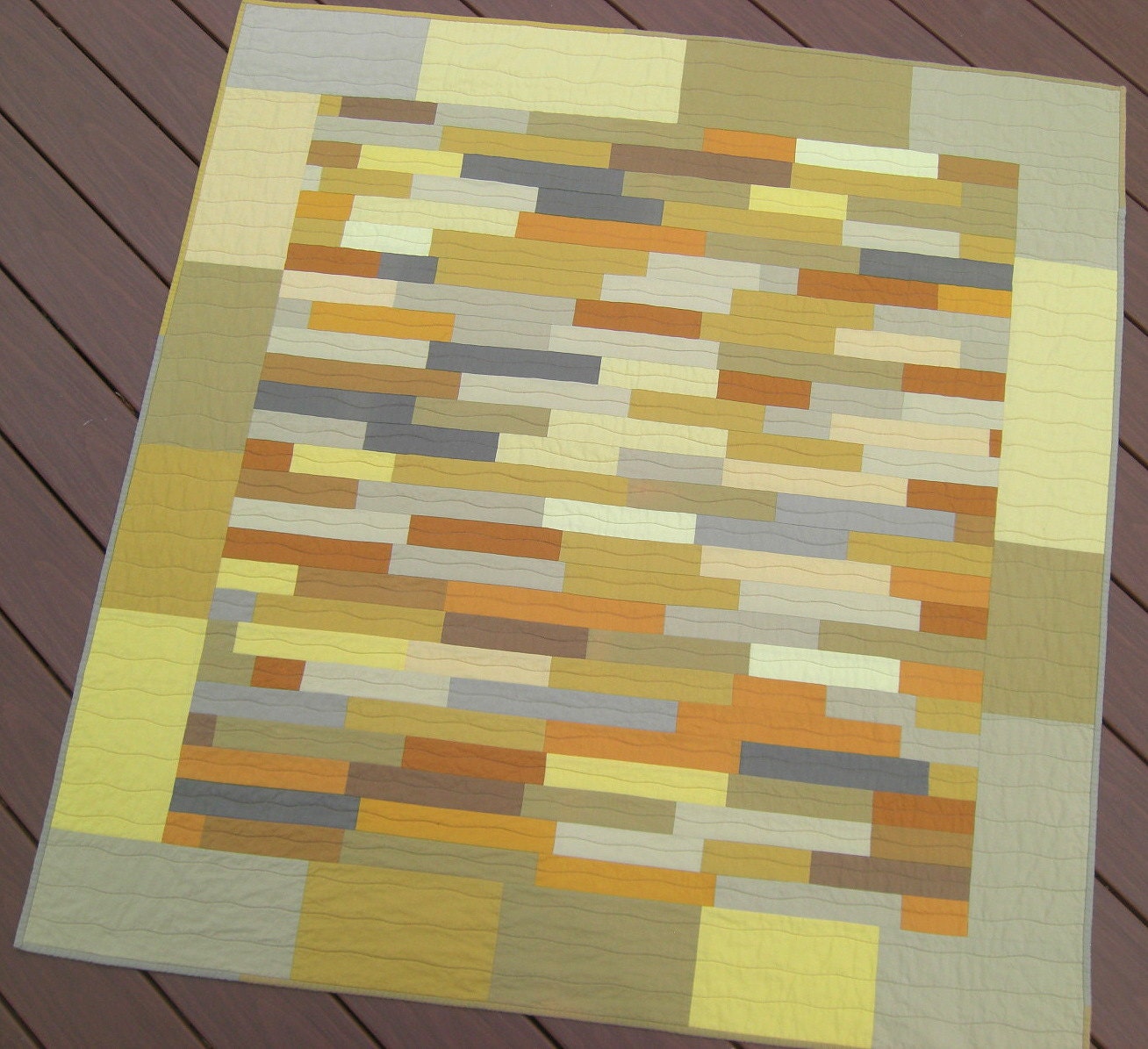 Serendipity Wall Quilt, Modern, Improvisation, Gold and Gray, 48" x 51"