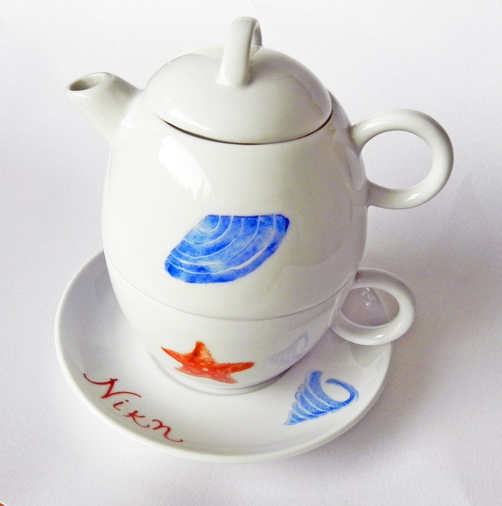 Sea world hand painted porcelain set with cup, saucer and tea pot