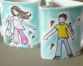 Lovers, pair of personalized hand painted porcelain cups