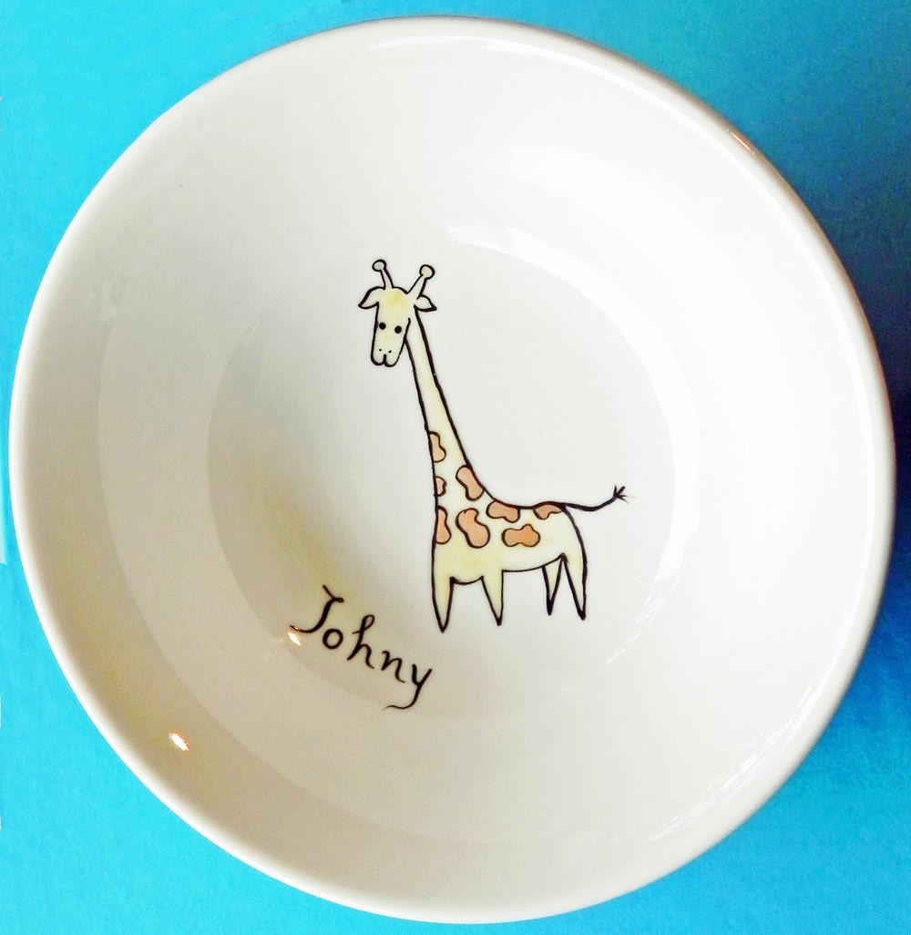Giraffe personalized hand painted porcelain bowl - nursery art
