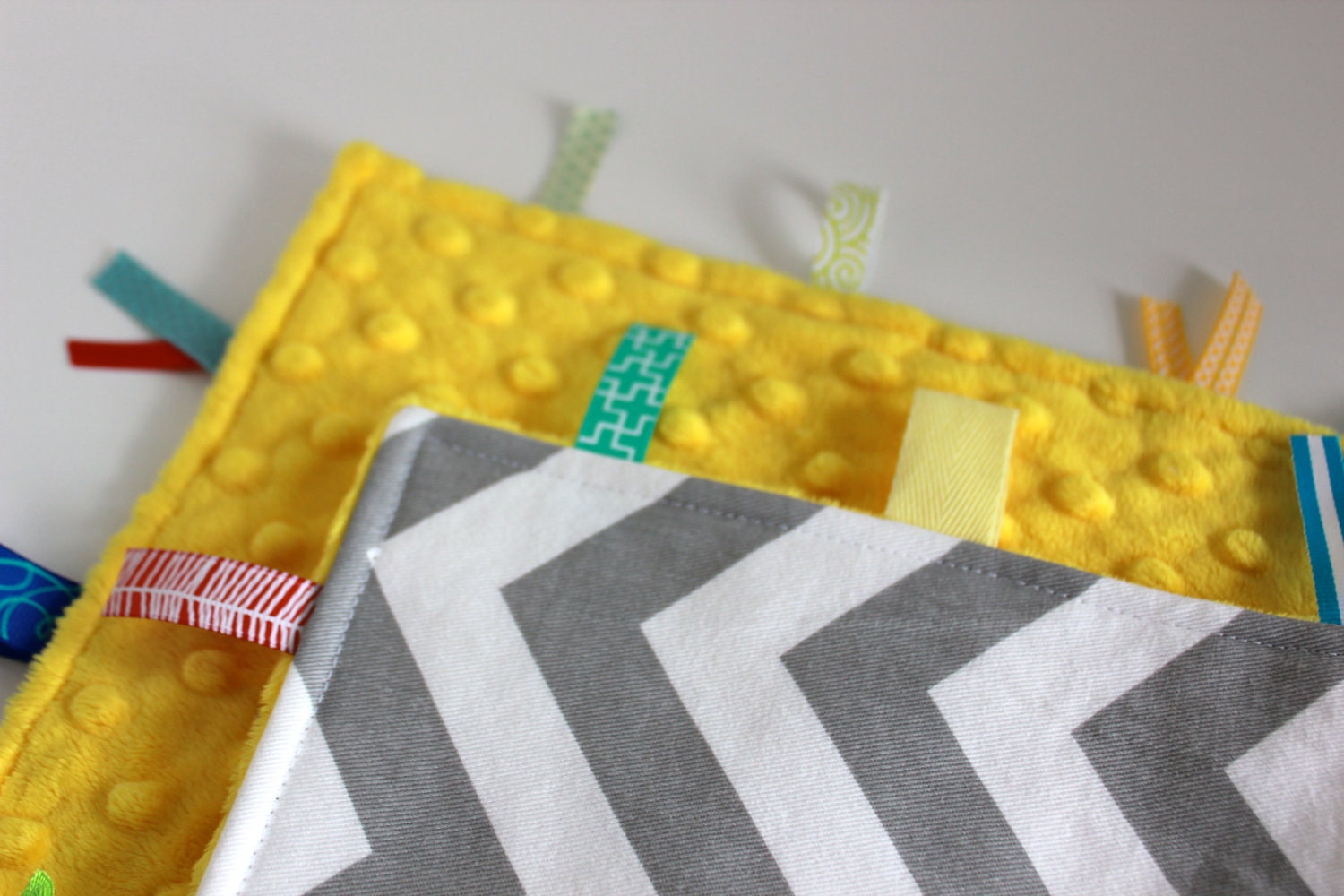 Yellow gray Chevron taggie baby blanket travel sensory lovey - minky elephant or initial