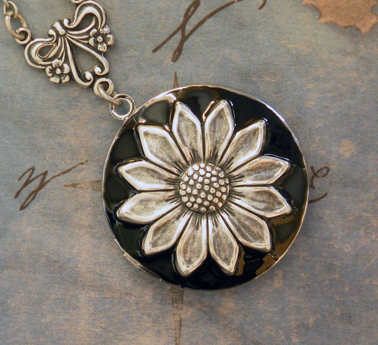Silver Sunflower Locket -  Enameled Sunflower Necklace