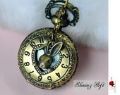 Vintage style Heart-shaped Pocket watch Locket Necklace, with a cute rabbit