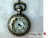 Vintage style curved moon and star pocket watch necklace
