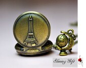 Eiffel Tower pocket watch locket necklace with a Globe