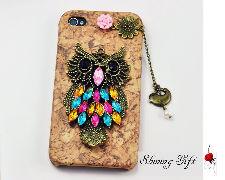 Antique Brass Owl with flower, Flying Bird with Bead Hard Case Cover ----for Apple iPhone 4 Case, iPhone 4s Case, iPhone 4 Hard Case