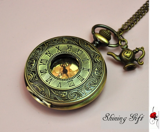Vintage Pocket Watch Necklace, Roma Number with a vintage teapot, Time for Tea (Big Size)