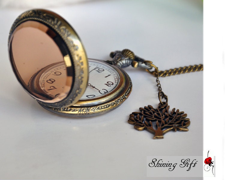 Steampunk Victoriana Brown SHADOW pocket watch Necklace with tree (Big Size)