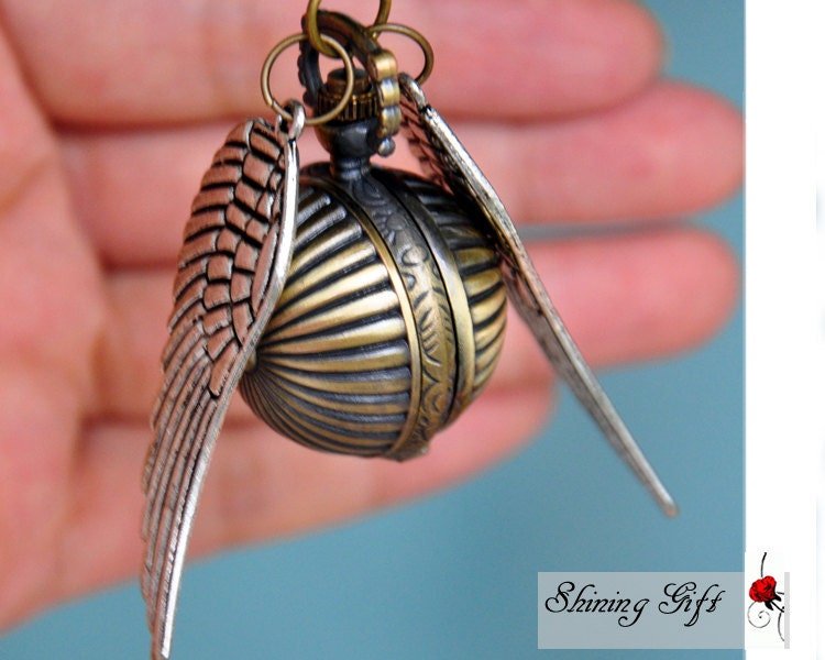 Enchanted Golden Snitch WATCH necklace with Double Sided wings